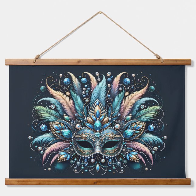 Boho-Masquerade-Federschmuckmaske Wandteppich Mit Holzrahmen (Vorne)
