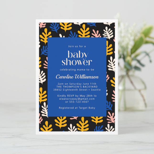 Boho Matisse Botanical Blue and Black Baby Shower Einladung (Stehend Vorderseite)