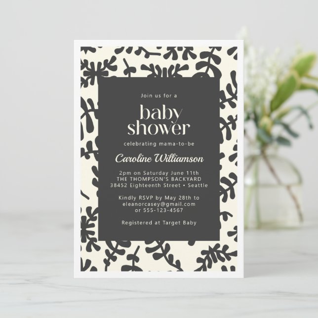 Boho Matisse Botanical Schwarz-weiß Baby Shower Einladung (Stehend Vorderseite)