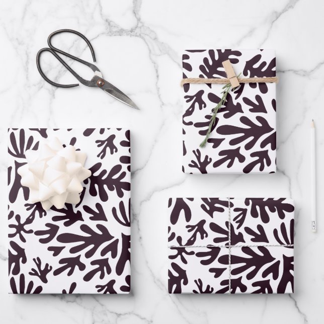 Boho Matisse Botanical Shapes Schwarz-weiß Geschenkpapier Set (Vorderseite)