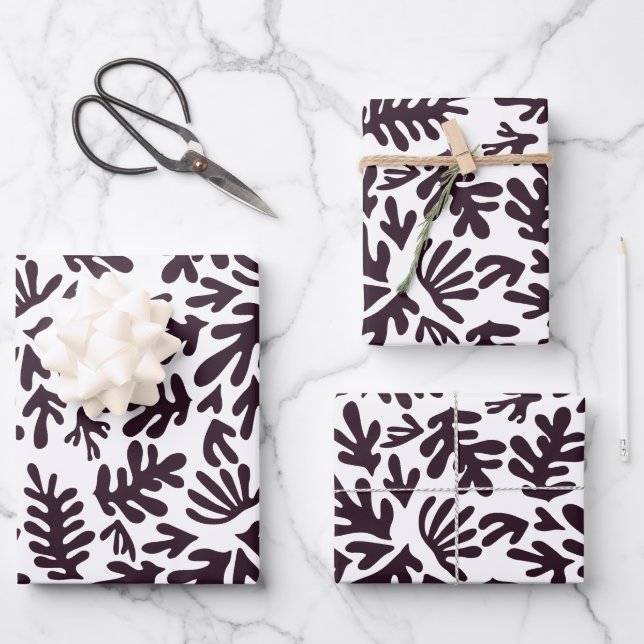 Boho Matisse Botanical Shapes Schwarz-weiß Geschenkpapier Set (Vorderseite)