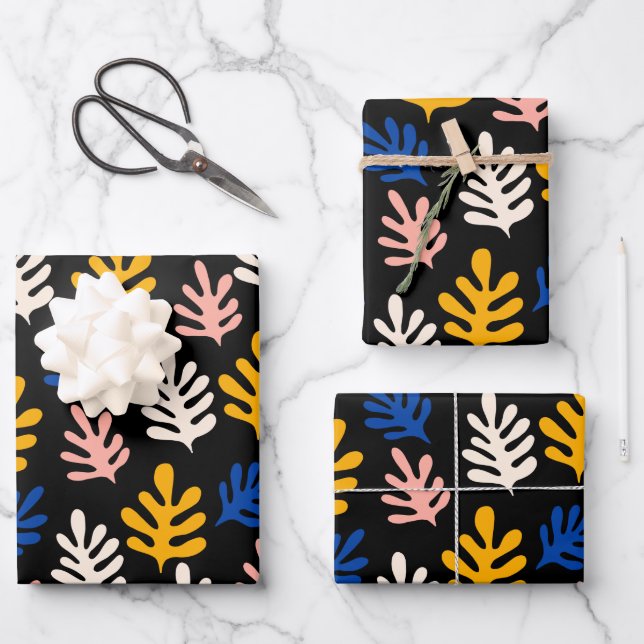 Boho Matisse Botanische Formen in Schwarz Rosa Bla Geschenkpapier Set (Vorderseite)