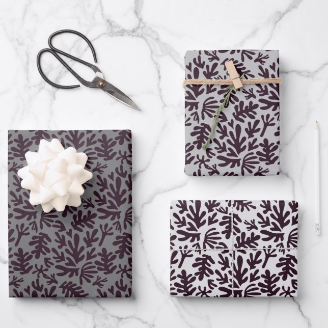 Boho Matisse botanische Formen Muster Schwarz Grau Geschenkpapier Set (Vorderseite)