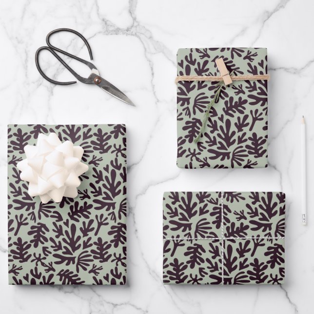 Boho Matisse Botanische Formen Muster Schwarz Grün Geschenkpapier Set (Vorderseite)