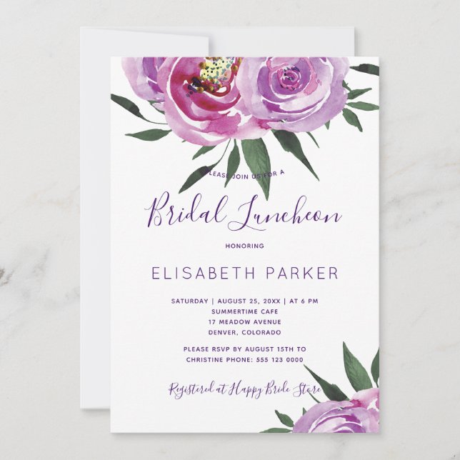 Boho mauve peonies lila Pflaume Bridal Mittagessen Einladung (Vorderseite)