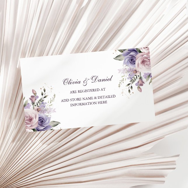 Boho Mauve und Lilac Blume Wedding Registry Card Begleitkarte (Boho Mauve and Lilac Flowers Wedding Registry Card on a sunny neutral dry palm leaf.)