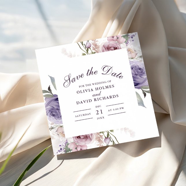 Boho Mave und Lilac Floral Save the Date Card (Boho Mave and Lilac Floral Save The Date Card on a sunny table with soft elegant fabric.)