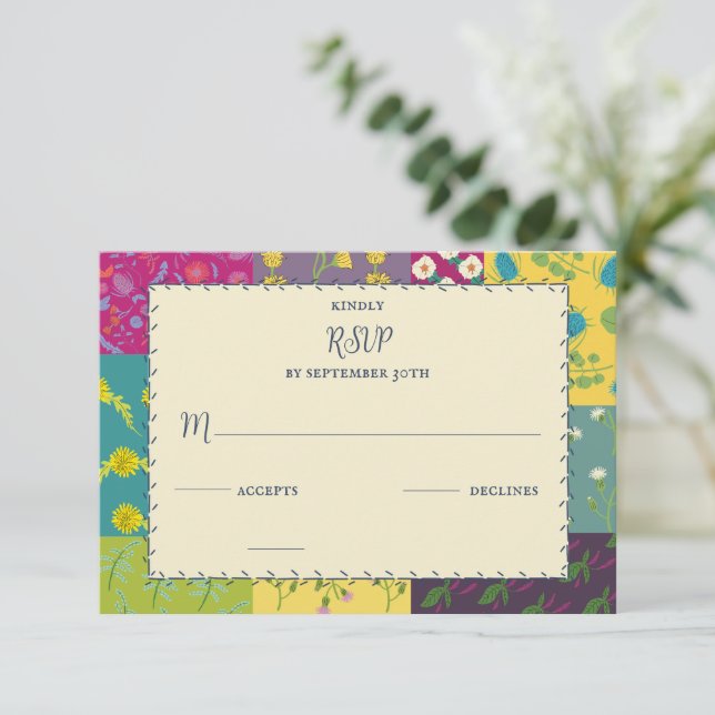 Boho Maximalist Patchwork Quilt Wedding RSVP Karte (Stehend Vorderseite)
