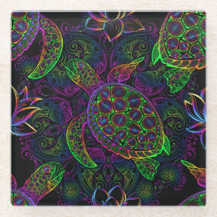 Boho-Meeres-Schildkröte: psychedelisches Mandala-M Glasuntersetzer