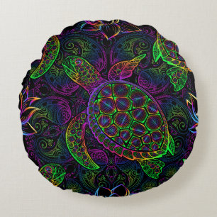 Boho-Meeres-Schildkröte: psychedelisches Mandala-M Rundes Kissen