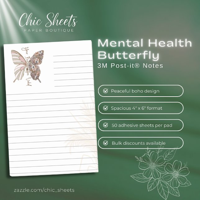 Boho Mental Health Butterfly 3M Post-it® Notizen (Von Creator hochgeladen)
