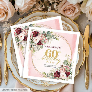 Boho Merlot Blush Floral Gold 60. Geburtstag Servi Serviette