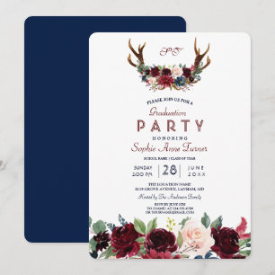 Boho Merlot Navy Blue Floral Antlers Abschluss Einladung
