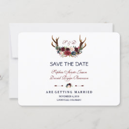 Boho Merlot Navy Blue Floral Antlers Save the Date