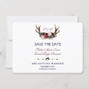 Boho Merlot Navy Blue Floral Antlers Save the Date