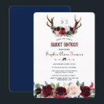 Boho Merlot Navy Blue Floral Antlers Sweet 16 Einladung<br><div class="desc">Ein rustikales,  Bohemisches Design für besondere,  alle Jahreszeiten! Dieses Design umfasst Hirschgeweihe,  Aquarellmärchen,  Blumenstrauß,  Pfeile mit den gleichen Blume und auf der Rückseite ein marineblau Hintergrund. Verwenden Sie das Tool Anpassen,  um Ihre Informationen hinzuzufügen. Für mehr,  besuchen Sie bitte meine Merlot Navy Blue Floral Antlers Collection.</div>