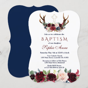 Boho Merlot Navy Blue Floral Antlers Taufe Einladung
