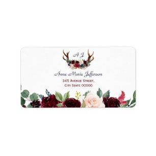 Boho Merlot Navy Blue Floral Antlers Wedding Adressaufkleber