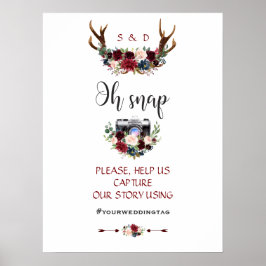 Boho Merlot Navy Blue Floral Antlers Wedding Poster