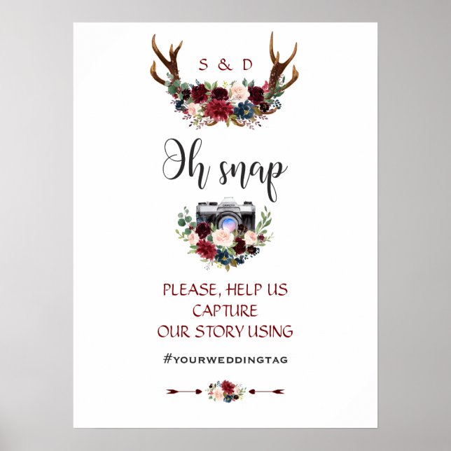 Boho Merlot Navy Blue Floral Antlers Wedding Poster (Vorne)