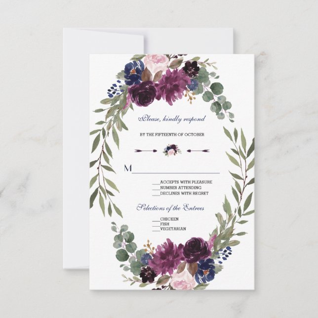 Boho Merlot Navy Blue Floral Antlers Wedding RSVP (Vorderseite)