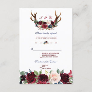 Boho Merlot Navy Blue Floral Antlers Wedding RSVP Karte