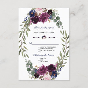 Boho Merlot Navy Blue Floral Antlers Wedding RSVP Karte
