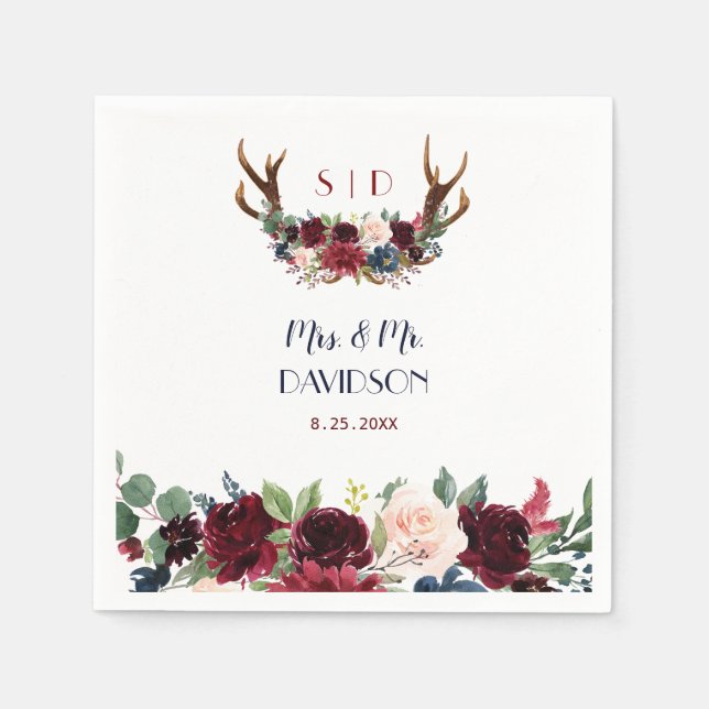 Boho Merlot Navy Blue Floral Antlers Wedding Serviette (Vorderseite)