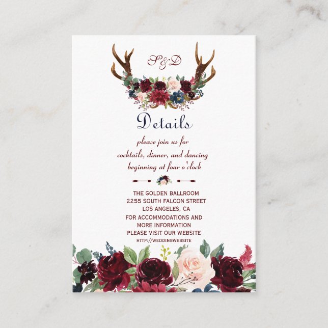 Boho Merlot Navy Floral Antlers Hochzeitdetails Begleitkarte (Vorderseite)