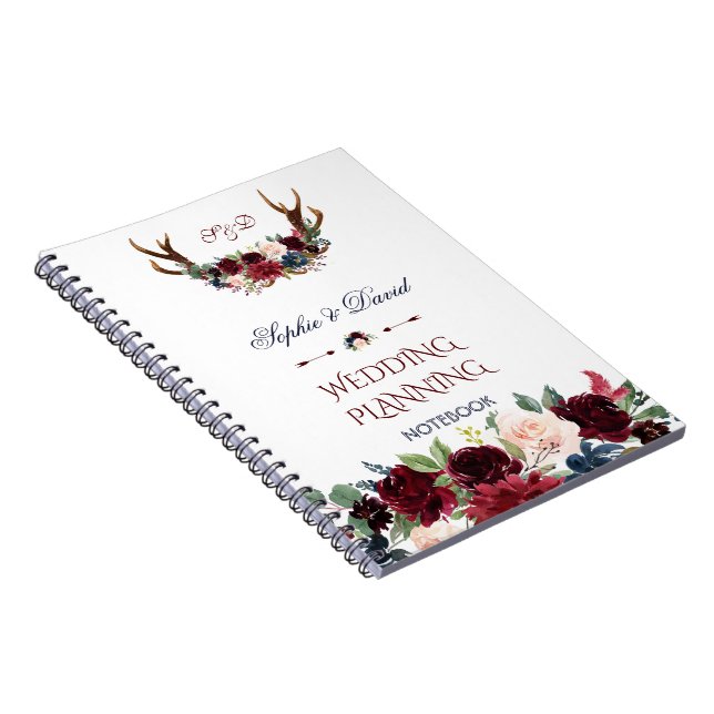 Boho Merlot Navy Floral Antlers Hochzeitsplaner Notizblock (Rechte Seite)