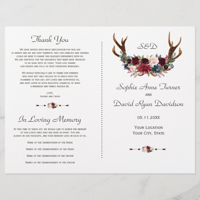 Boho Merlot Navy Floral Antlers Wedding Program (Vorderseite)