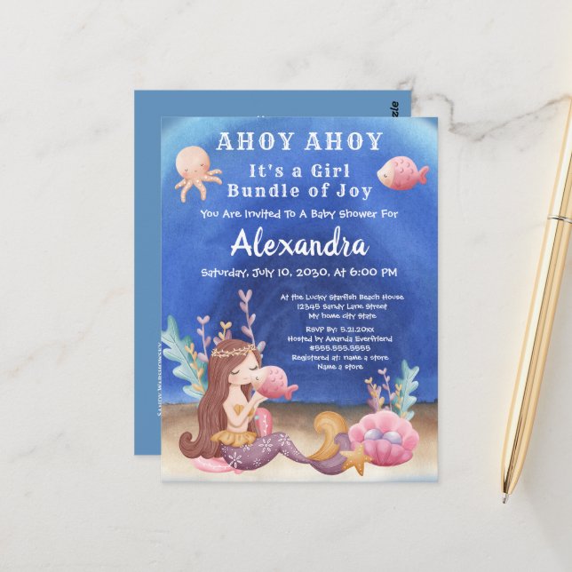 Boho Mermaid, tropischer Fisch Pink Girl Babydusch Postkarte (Vorderseite/Rückseite Beispiel)