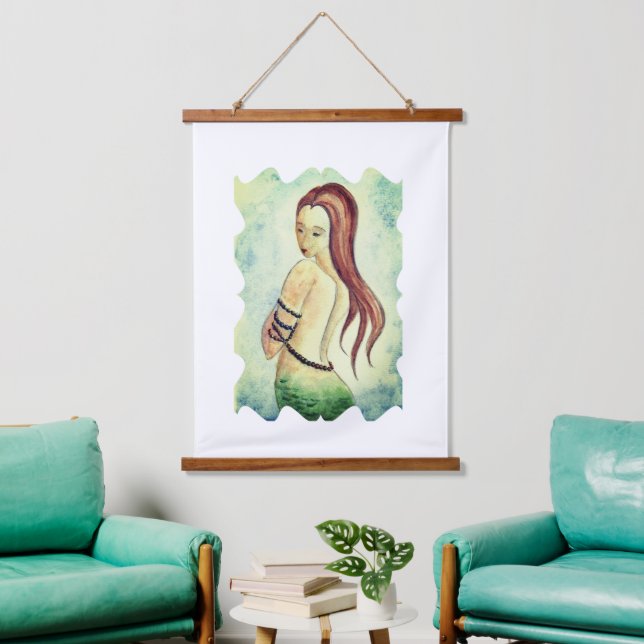 Boho Mermaid Watercolor Seafoam Green Wandteppich Mit Holzrahmen (Wohnzimmer)