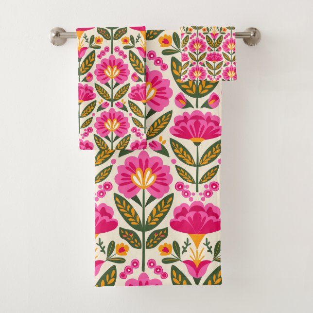 BOHO-Mexikanische Talavera-Blumen Fuchsienrosa Flo Badhandtuch Set (Insitu)