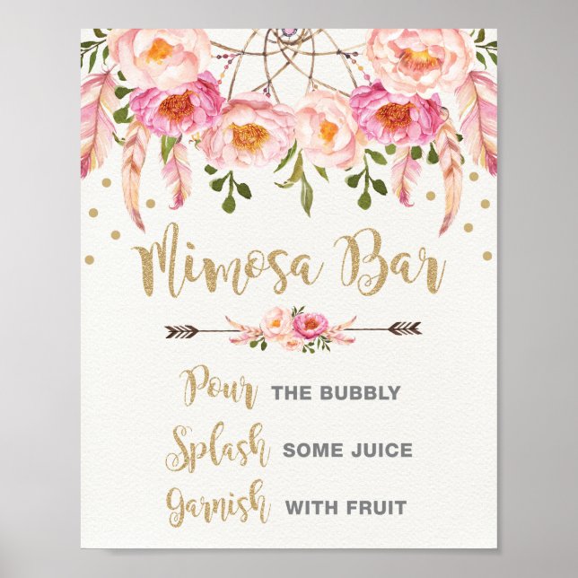 Boho Mimosa Bar Pink Gold Brautparty Poster (Vorne)