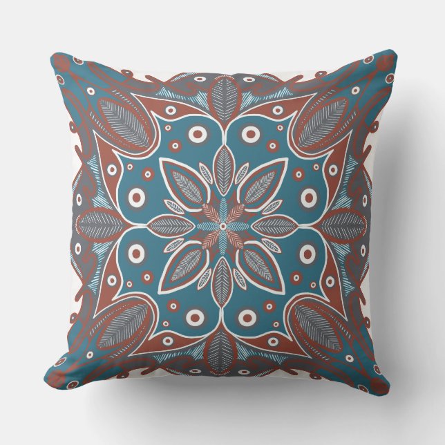Boho Minimal Mandala HandGezeichnet Rost Aquamarin Kissen (Vorderseite)