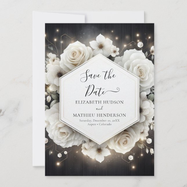 Boho Minimal White Roses Wedding Save The Date (Vorderseite)
