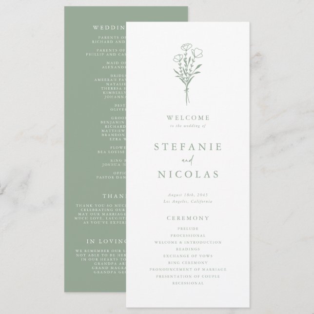Boho-Minimalist Botanicals Salbei-Grün Hochzeit Programm (Vorne/Hinten)