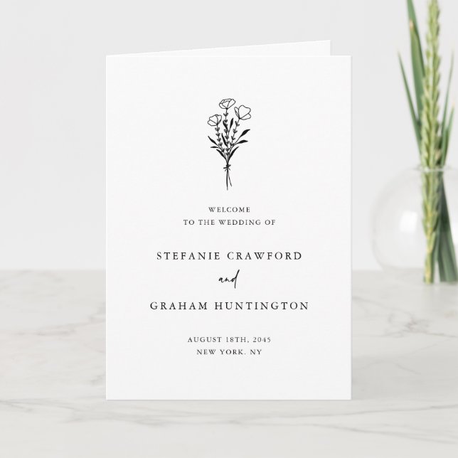 Boho-Minimalist Botanik Schwarz-Weiß-Hochzeit Programm (Vorderseite)