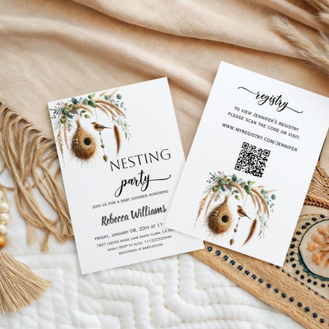 Boho-Minimalist-Nesting-Party-Vogel-Baby-Party Einladung (Von Creator hochgeladen)
