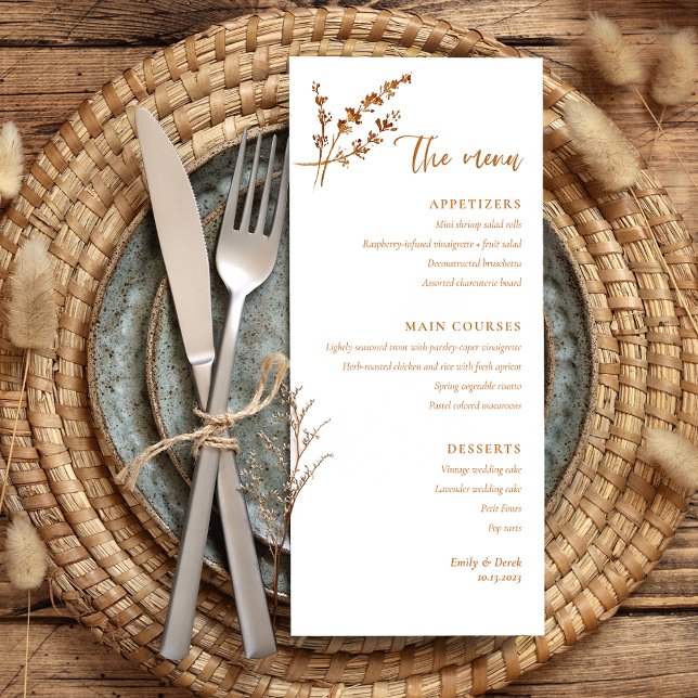 Boho Minimalist Orange Floral Wedding Menu Menükarte (Von Creator hochgeladen)