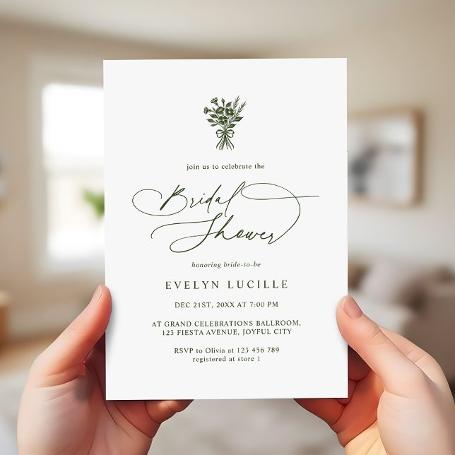 Boho-Minimalist-Script Oliven Grünes Brautbad Einladung (Von Creator hochgeladen)