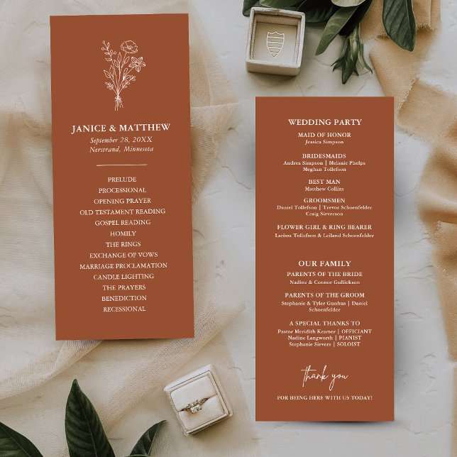 Boho-Minimalist Terrakotta-Hochzeitsprogramm (Boho minimalist terracotta wedding program keeps guests informed with a warm personalized touch)