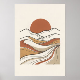 Boho-Minimalist-Wüsten-Sonnenuntergangs-Linienkuns Poster