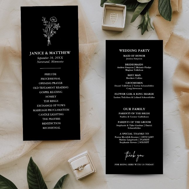 Boho Minimalistisch Black and White Wedding Progra (Boho minimalist black and white wedding program keeps guests informed with a clean elegant touch)