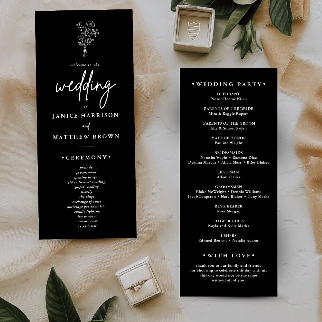 Boho Minimalistisch Black and White Wedding Progra (Boho minimalist black and white wedding program guides guests clearly with a clean elegant touch)