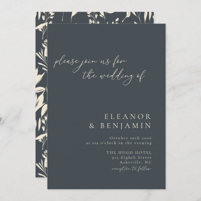 Boho Minimalistisch Black Hand Drawn Floral Weddin Einladung (Vorne/Hinten)