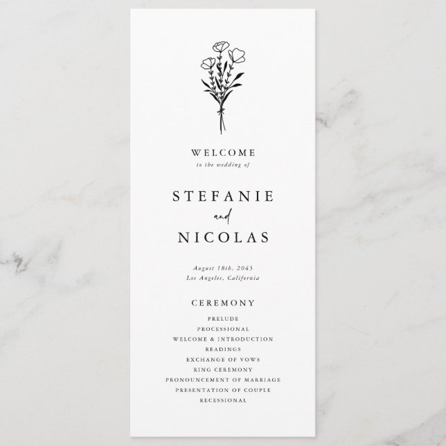 Boho Minimalistisch Botanicals Black and White Wed Programm (Vorderseite)