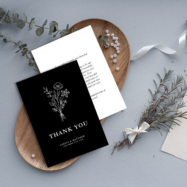 Boho Minimalistisch Botanicals Black Wedding Dankeskarte (Von Creator hochgeladen)