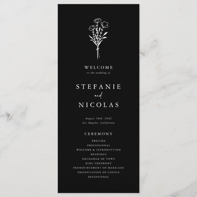 Boho Minimalistisch Botanicals Black Wedding Programm (Vorderseite)